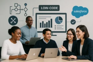 Equipo de trabajo reunido frente a laptops, colaborando en un entorno enfocado en plataformas low-code y Salesforce, con gráficos y diagramas de procesos en segundo plano.